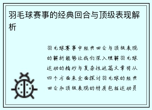 羽毛球赛事的经典回合与顶级表现解析